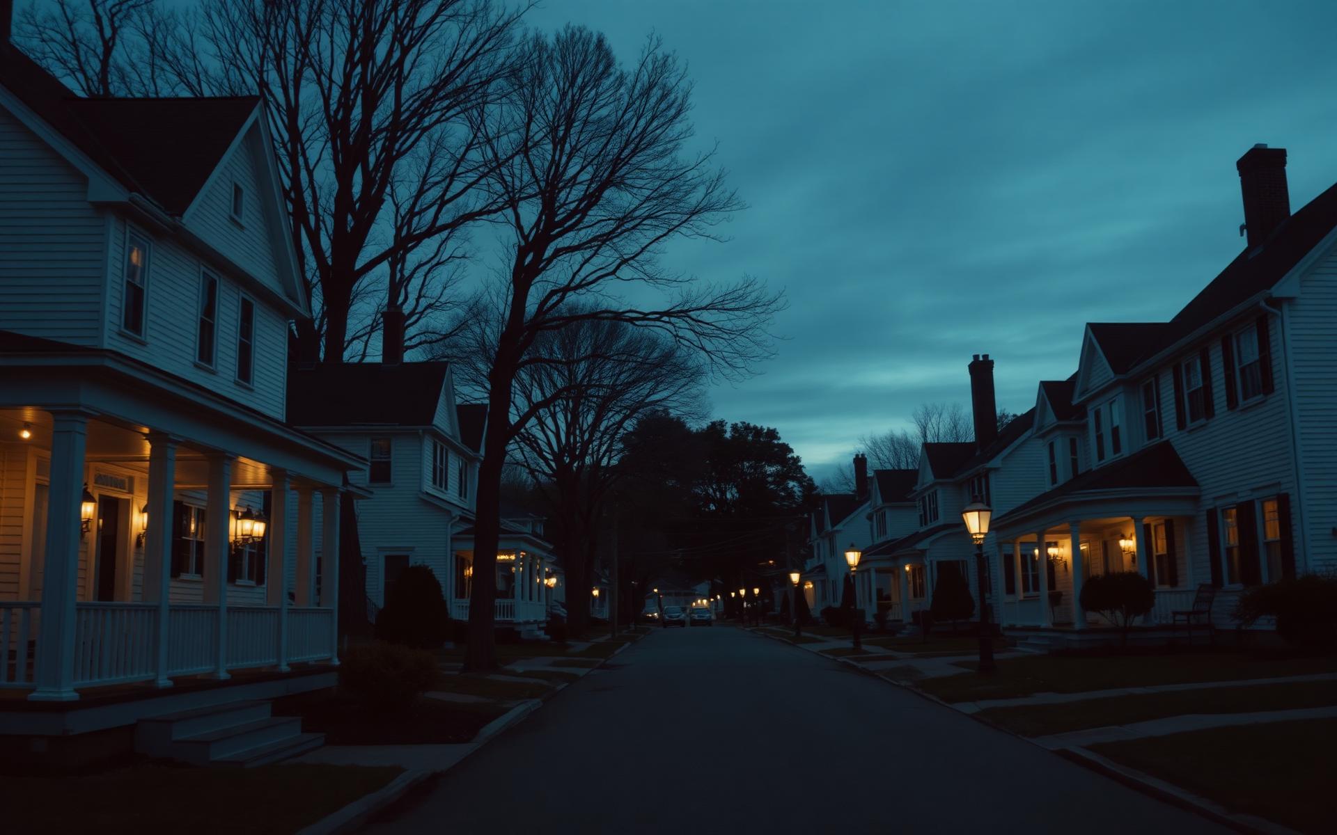 Dusk view of a New England residential street managed by Elevated Property Solutions
